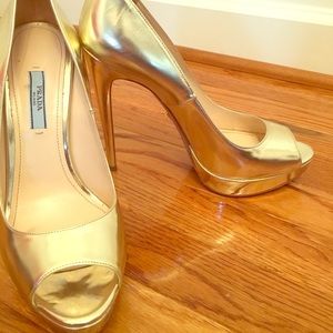 Gold Prada Peep Toe Platform Sandals